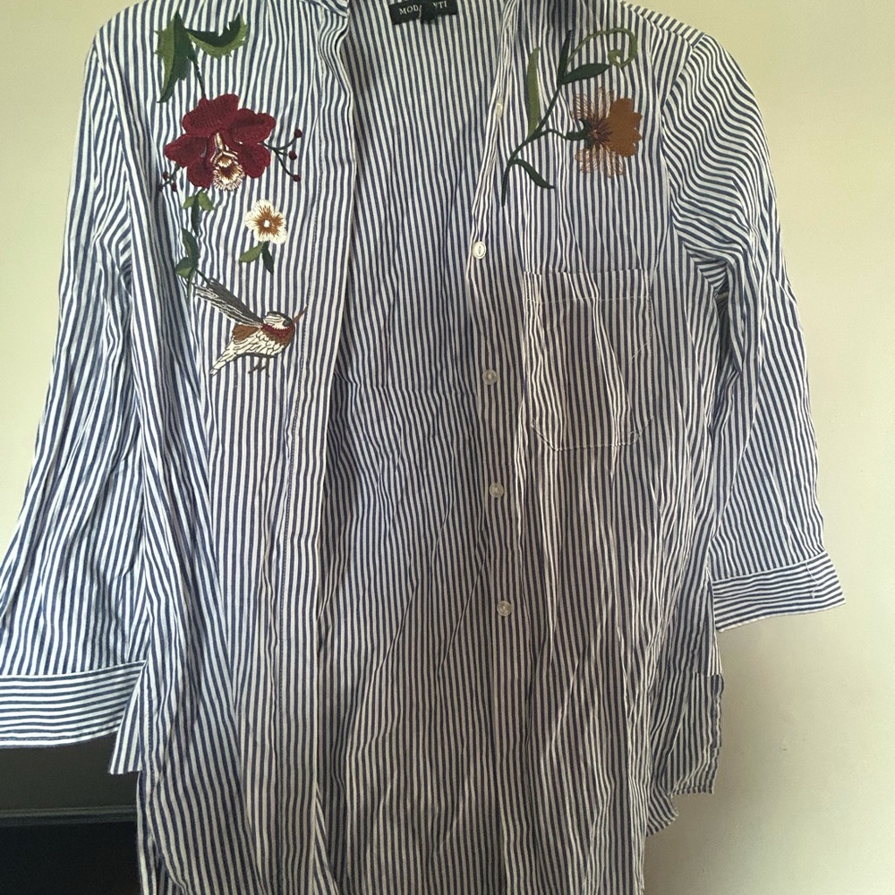 Blue and White Striped Button Down Shirt with Embroidery